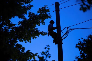 Electrician Silhouette Working on Power Pole at Dusk Surrounded by Tree Foliage, Capturing the Essence of evening labor and nature in harmony
