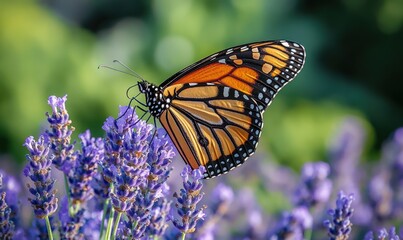 Naklejka premium Monarch butterfly feeding on lavender flowers.