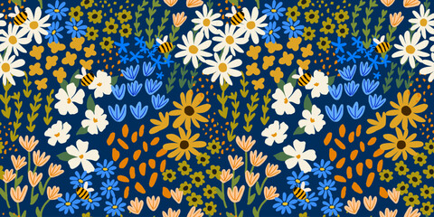 Seamless pattern with little wild meadow flowers, leaves and bees. Сolourful cute floral summer background. Can be used for wrapping, textile, print, banner, brochure, label, wallpaper, greeting card	