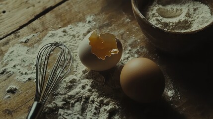 Broken egg yolk, flour, whisk, and whole egg on wooden table.