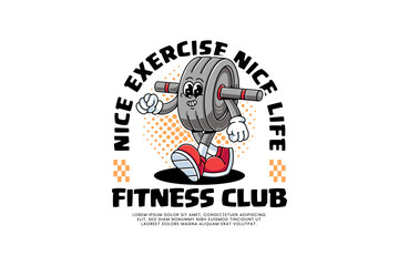 abs wheel push up bar handle retro cartoon character mascot illustration with walking and relaxing pose for fitness gym bodybuilding sport club mascots and merchandise