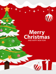 Christmas greetings card poster vector background design. Christmas background with copy space and tree, balls, and gift boxes ornaments on snow.