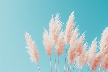 Elegant Wisps of Grains Against a Bright Blue Sky, Capturing Minimalistic Beauty with Sharp Lighting in an Artistic, Raw Style for Contemporary Designs