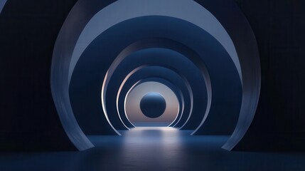Abstract geometric tunnel with circular arches and blue illumination