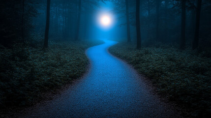 Fototapeta premium A glowing moonlight shines through an ancient forest casting light on a path with a blurred empty space for caption on the side evoking mystery, serenity, and a journey into the unknown