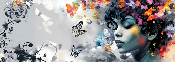 Surreal artwork of a woman surrounded by butterflies and flowers, concept of fantasy, harmony