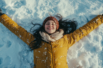 scandinavian woman making snow angels. image from above. Soft smile. Happy. yellow winter coat
