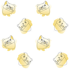  Cat meme pattern. Yellow color with black linart. Emotions of sadness, hopelessness, anger.