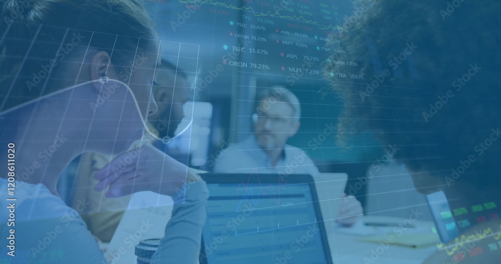 Poster image of financial data processing over diverse colleagues discussing work in office