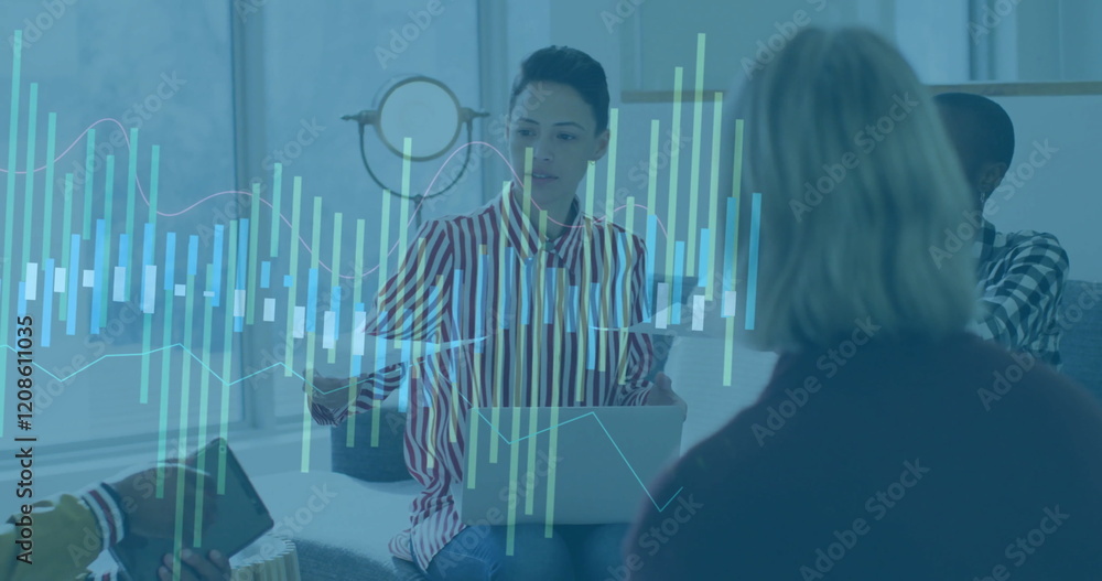 Poster image of financial data processing over diverse colleagues discussing work in office