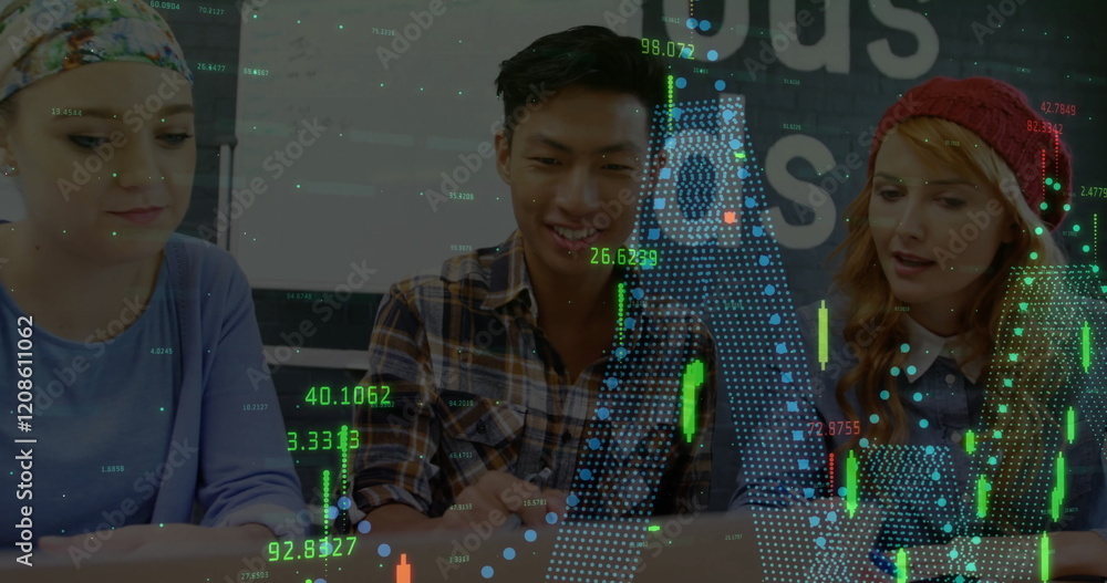 Poster image of data processing over diverse colleagues talking in office
