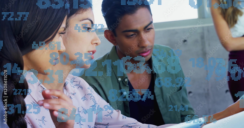 Poster image of data processing over diverse colleagues talking in office