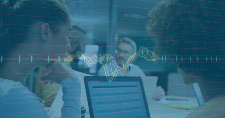 Image of financial data processing over diverse colleagues discussing work in office