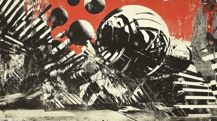 Abstract black and white geometric shapes with red background