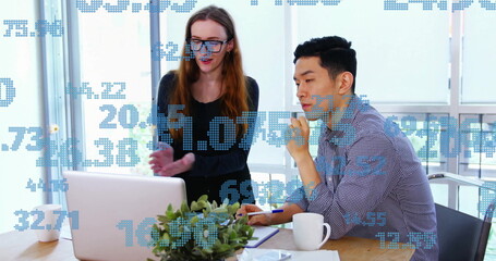 Image of data processing over diverse colleagues talking in office
