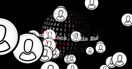 Image of icons over globe with data processing on black background