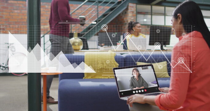 Image of data processing over diverse colleagues having image call in office