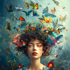 Dreamy vision of a woman surrounded by blooming flowers and vibrant butterflies, concept of fantasy, inspiration