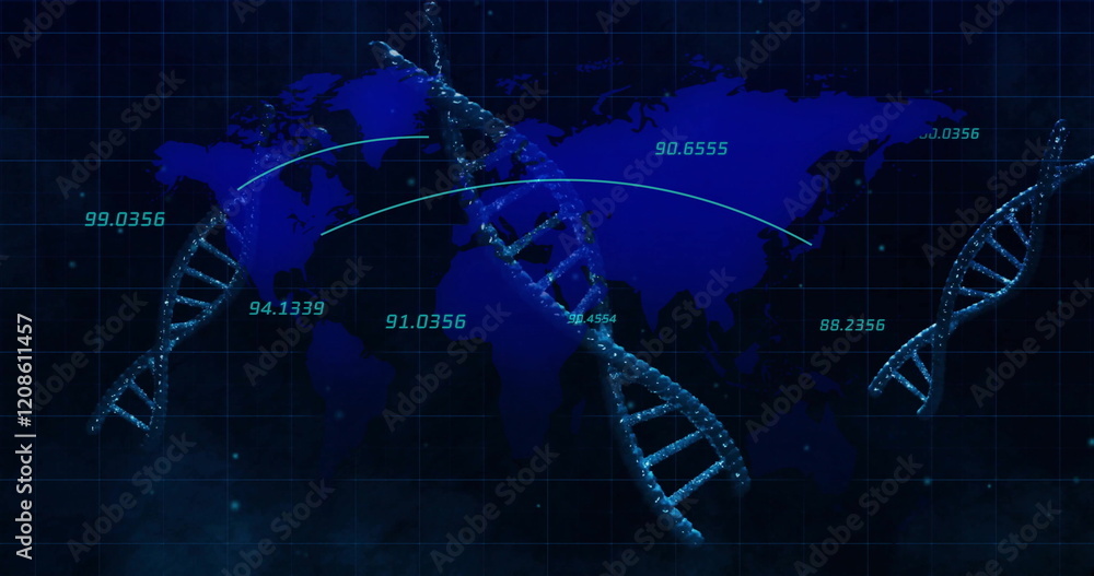 Poster image of world map with data processing over dna strands