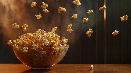 Freshly popped popcorn bursts from a bowl in a warm kitchen setting during movie night