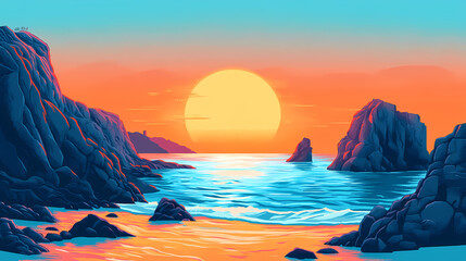 Dramatic sunset over tranquil ocean cove with large sun and rocky shores. Twilight Cove. Illustration