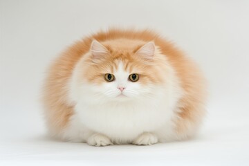 Fototapeta premium Fluffy orange and white cat sitting calmly on a neutral background in a cozy indoor setting