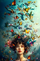 Enchanting vision of a woman immersed in butterflies and flowers, concept of harmony, creativity