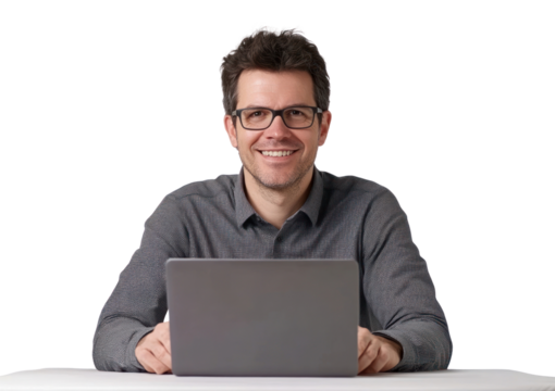 PNG Smiling man with laptop glasses happy electronics.