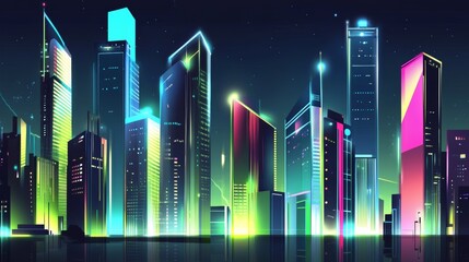 Vibrant futuristic city skyline illuminated by neon lights at night with reflections in the water