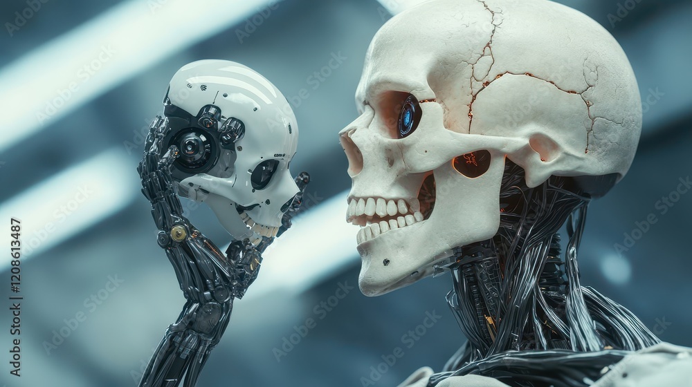 Aufkleber futuristic robot skeleton holding robotic skull in modern setting
