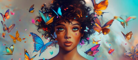 Captivating woman in a surreal butterfly filled atmosphere, concept of wonder, serenity
