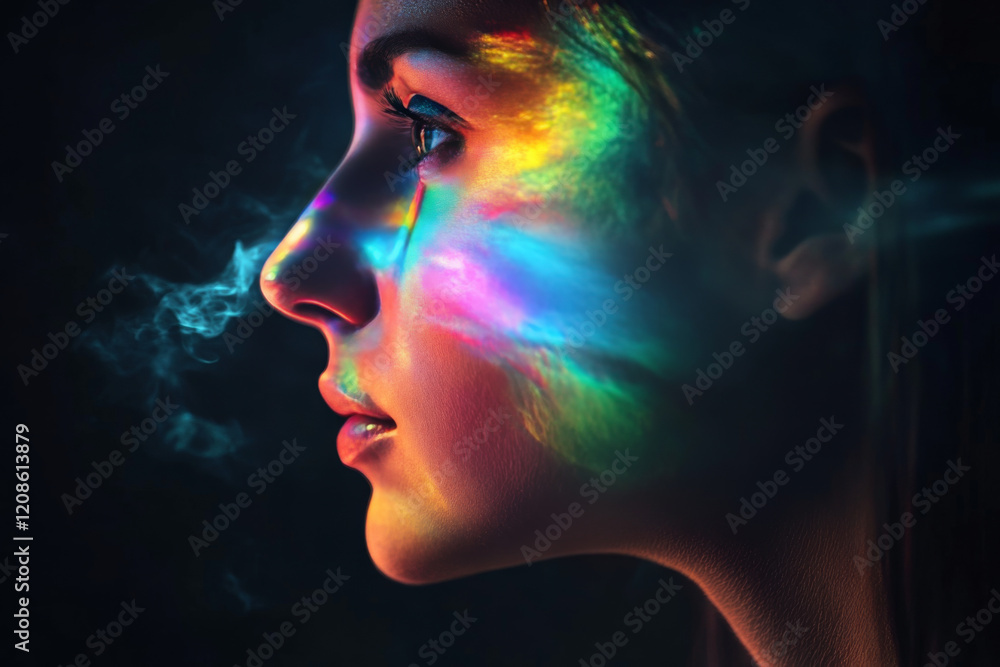 Poster mentor chatbot emanating serenity and colorful projections within a calm environment