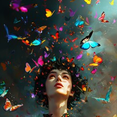 Dreamlike vision of a curly haired woman surrounded by colorful butterflies, concept of beauty, inspiration