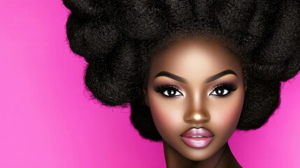 Woman, dark skin, pink background, hairstyle, beauty