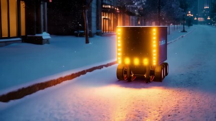 Autonomous delivery vehicle navigating a snow covered urban street at night, ensuring efficient and timely deliveries - Powered by Adobe