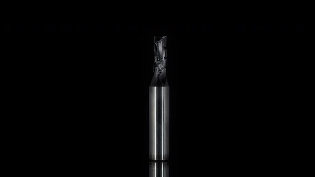 High Strength Alloy Metal End Mill in Swivel Motion on Black Background