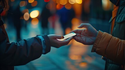 Two individuals exchanging a smartphone on a bustling city street during twilight hours