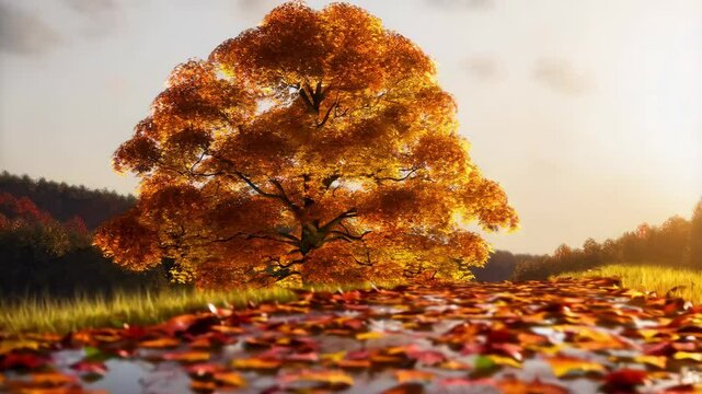 Fallen autumn leaves blanketing ground beneath vibrant orange tree, creating golden landscape with warm, serene natural beauty of changing seasonal environment