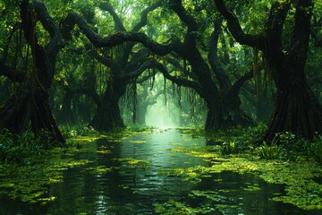 Obraz premium Lush green jungle, tranquil waterway, ancient trees.