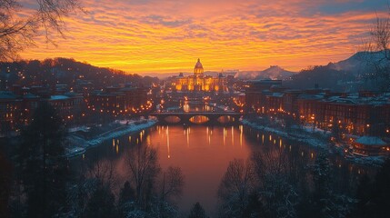 Naklejka premium Stunning Sunset Over Snow-Covered City with Illuminated Bridge and River