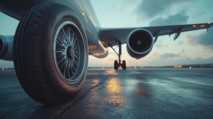 Airplane on runway, close-up of airplane wheels and landing gear, ready for takeoff