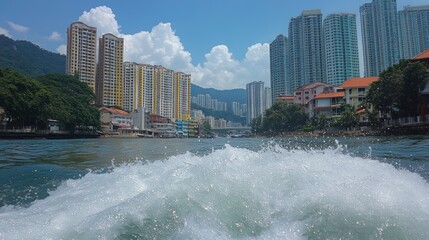 Fototapeta premium Vibrant Cityscape with Waterfront and Towering Buildings Under Blue Sky