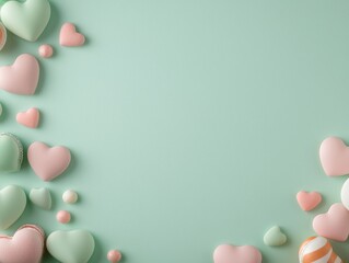 Sweetest valentine theme. Colorful heart-shaped candies on a mint green background.