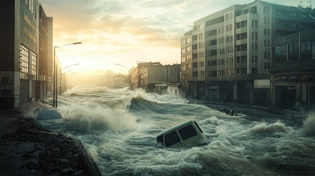 Urban flood waters engulf city street at sunrise during severe weather event