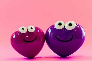 Obraz premium Colorful cartoon hearts with smiling faces on a pink background evoke feelings of joy and affection in a playful display
