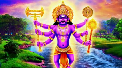Multi armed purple Hindu deity wielding weapons standing above flowing river within vibrant sacred landscape representing divine mythological power
