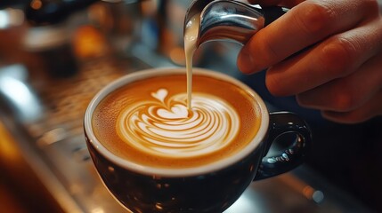 Obraz premium Barista making coffee, close-up of hands pouring steamed milk, intricate latte art in progress