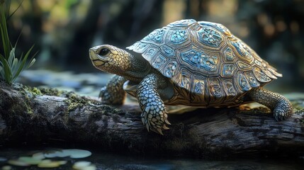 Intricate turtle on log in lush natural habitat with detailed shell pattern