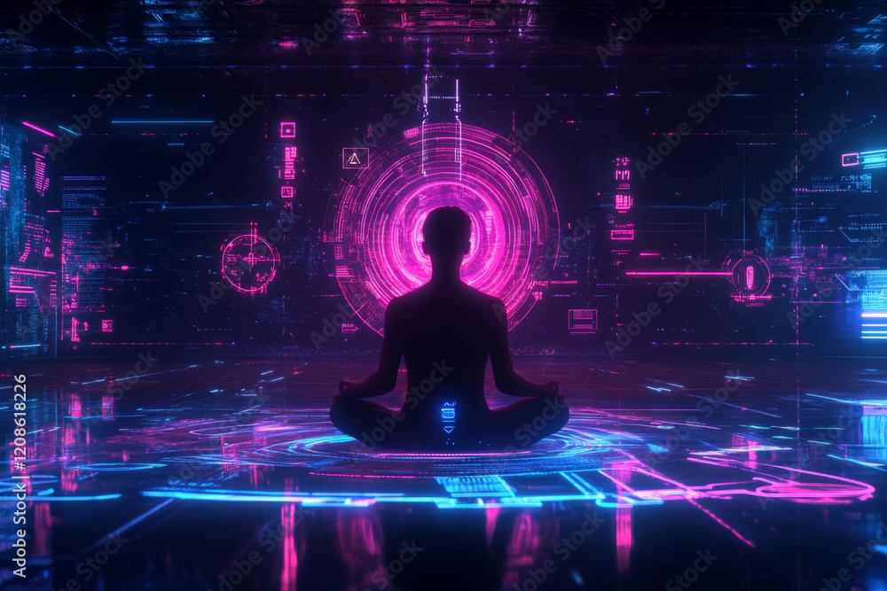 Poster interactive app interface projected in a modern, futuristic setting with a meditative figure