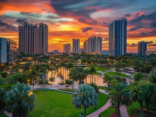 A photo of the city skyline at sunset in Tampa, Florida, with palm trees and skyscrapers.